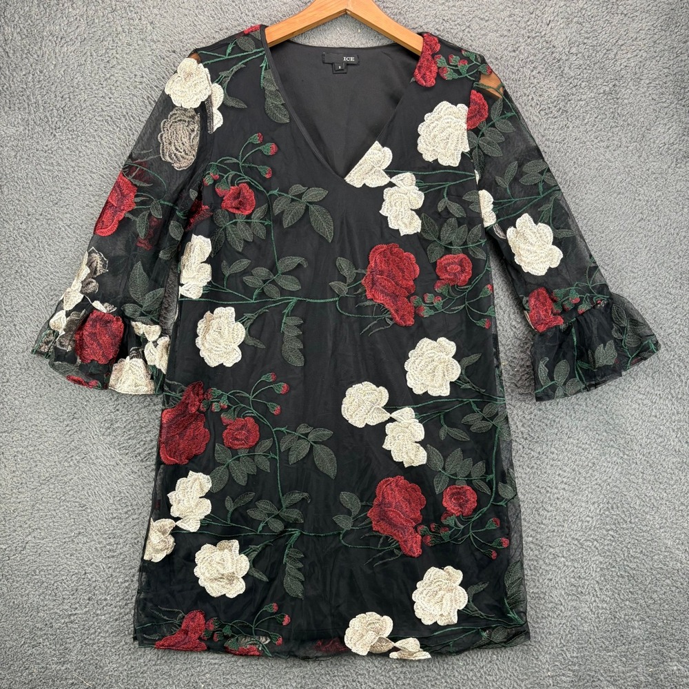 ICE Womens Black Mesh Floral Embroidered V-Neck Bell Sleeve Shift Dress Size‎ 2